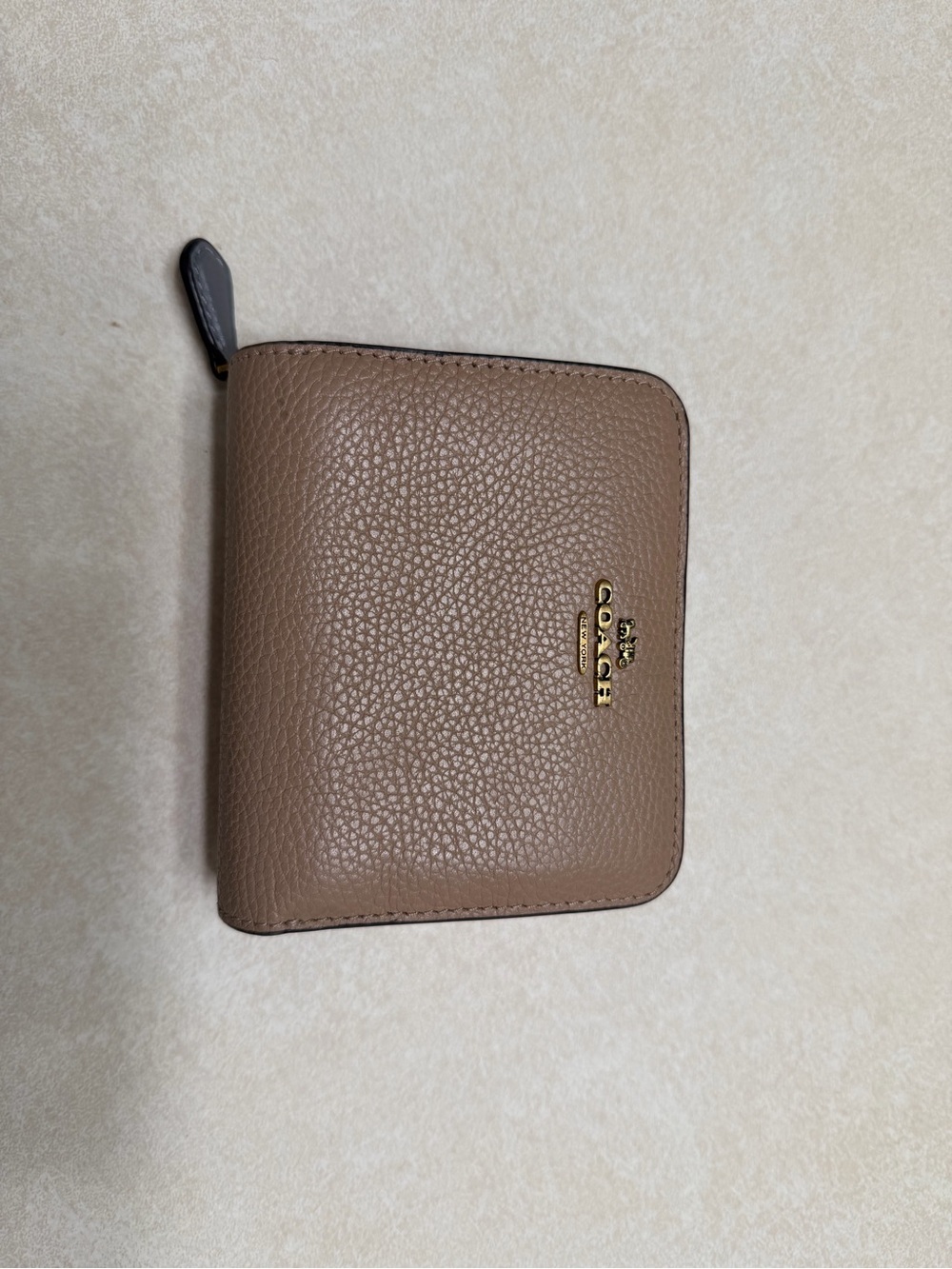 Coach Pebbled Leather Zip Wallet in Taupe Brown with Gold Logo